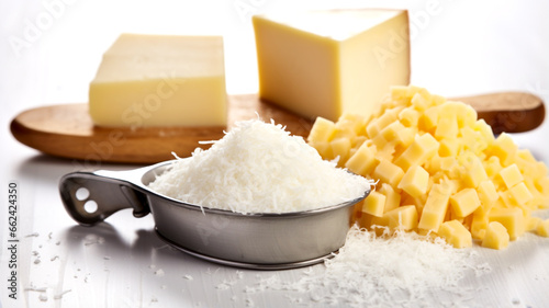 Discover the close-up of a cheese grater and freshly grated cheese, an essential kitchen tool.