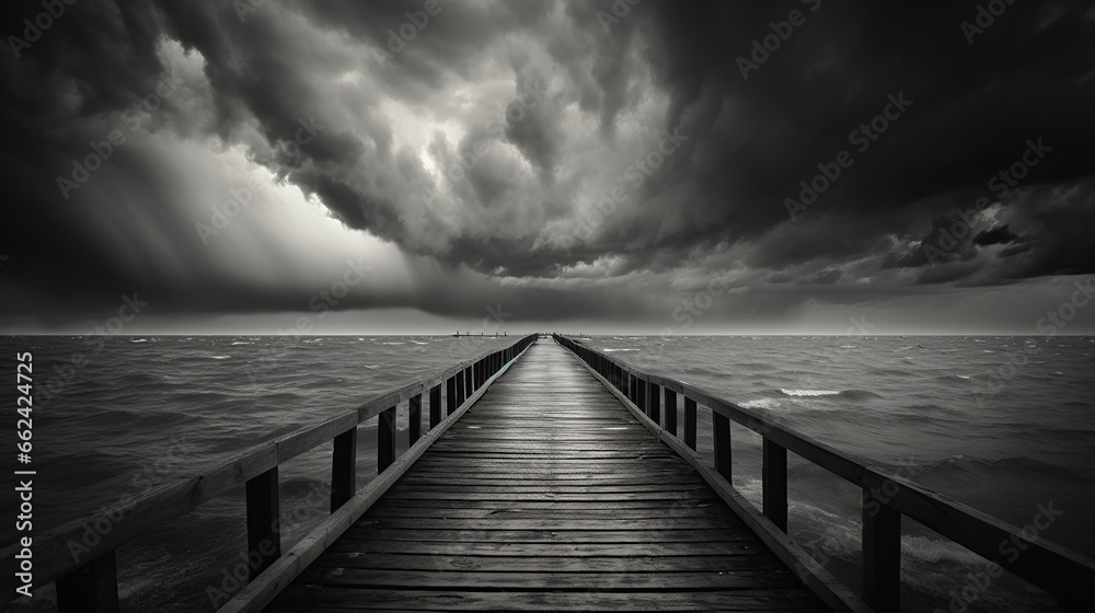 Dramatic view tropical sea with wooden dock bridge.AI generated image - obrazy, fototapety, plakaty 