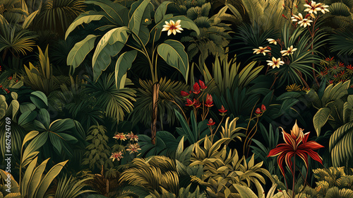 Transform your space with this seamless ungle-themed wallpaper, featuring exotic trees and lush tropical plants.. © ckybe