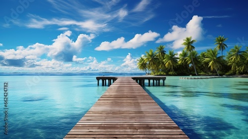 Landscape tropical sea with wooden dock bridge.AI generated image photo