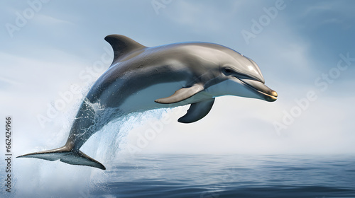 Happy dolphin jumping in mid-air  splashing in the ocean.
