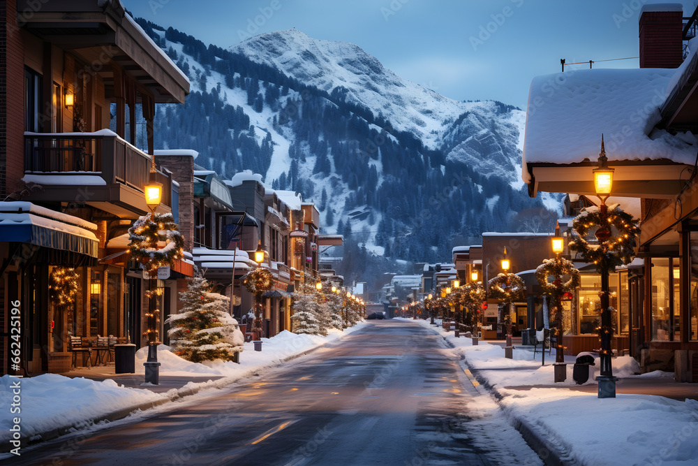 Winter Wonderland in Downtown Aspen, Resort, Shopping, and Snow-Covered Streets Against Blue Skies - obrazy, fototapety, plakaty 