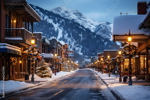 Winter Wonderland in Downtown Aspen, Resort, Shopping, and Snow-Covered Streets Against Blue Skies photo