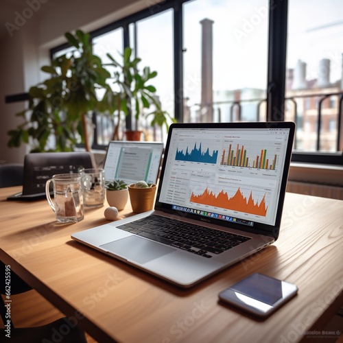 opened notebook on desk in office. On the display, graphs and webshop data