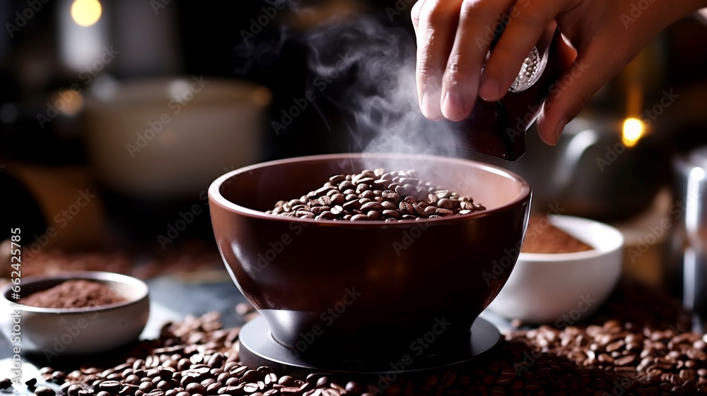 Experience the art of coffee preparation with a close-up view of a hand skillfully grinding coffee beans, releasing the rich, aromatic aroma. - obrazy, fototapety, plakaty 