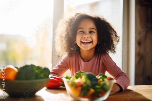 Child girl with fresh vegetables at home
