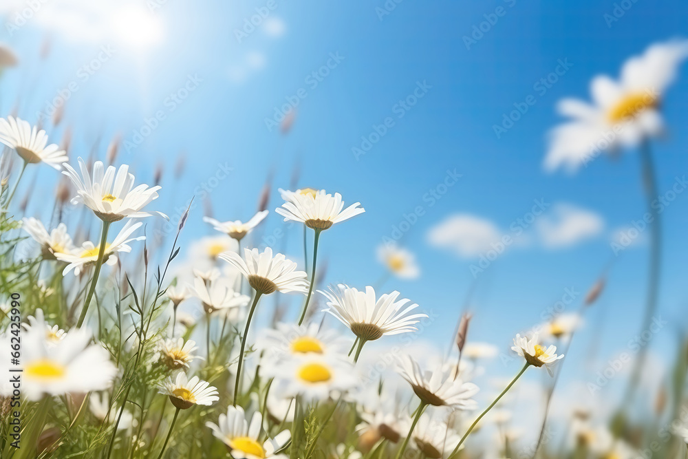 Closeup View Of Chamomile Daisies In Summer Spring Field Against Background Of Blue Sky With Sunshine And Flying White Butterfly, Captured In Closeup Macro Photography