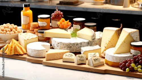 Discover an enticing cheese store presentation featuring an array of cheeses and a variety of accessories. Cheese lover's delight.