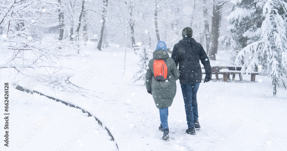Loving couple walking in winter park in the snowfall Loving couple walking in winter park in the snowfall