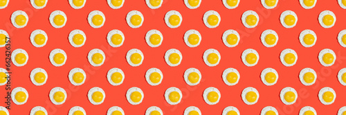 Seamless pattern with sunny side up egg on red background. Food board.