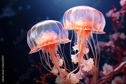 See life macro concept. beautiful space purple jellyfish on dark background in the sea. Vivid Wildlife elements