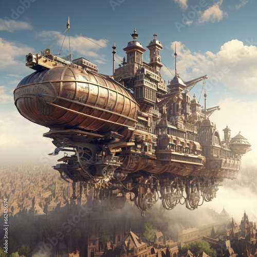 Steam powered airship soaring over a steampunk cityscape