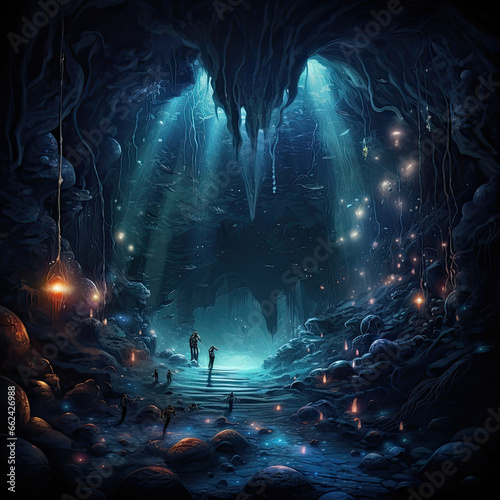 Underground cave system with bioluminescent creatures