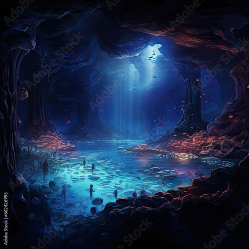 Underground cave system with bioluminescent creatures