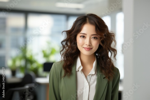 Portrait of successful asian businesswoman standing in creative office and looking at camera while smiling