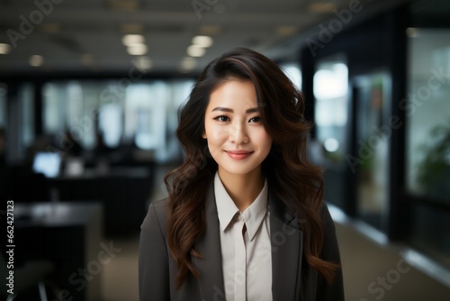 Portrait of successful asian businesswoman standing in creative office and looking at camera while smiling