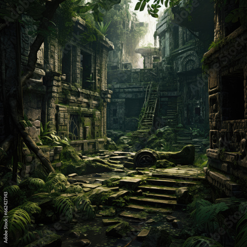 Lost civilization s ruins hidden in a dense jungle