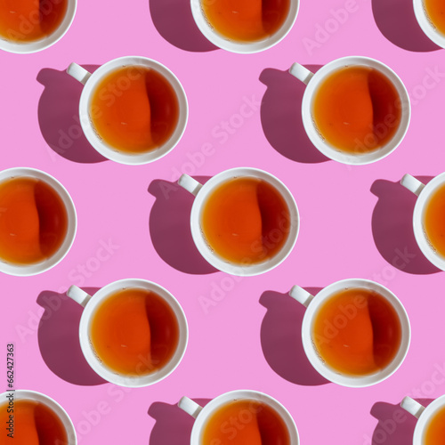 Seamless pattern with cup of tea on purple background.