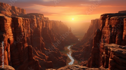 A breathtaking view of a canyon at sunset, with the canyon walls bathed in the warm glow of the evening sun.