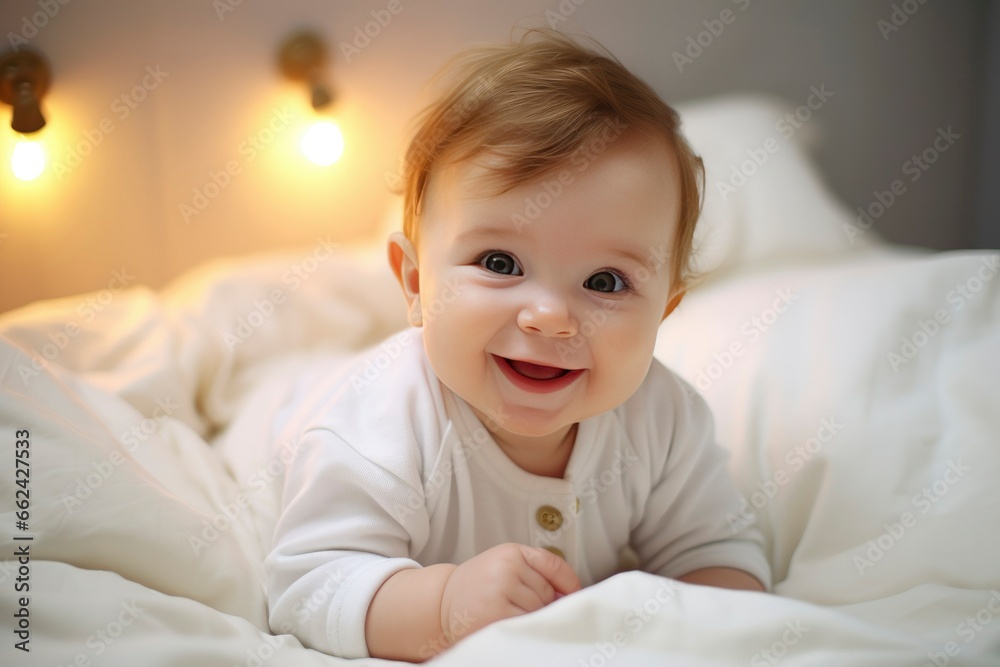 Little newborn baby boy smiling in crib Little newborn baby boy smiling in crib