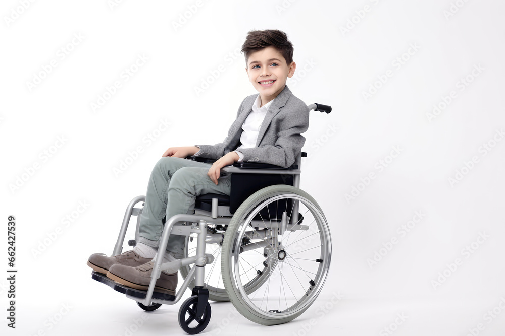 Handicapped Model Boy In Wheelchair Due To Spine Injury White Backdrop