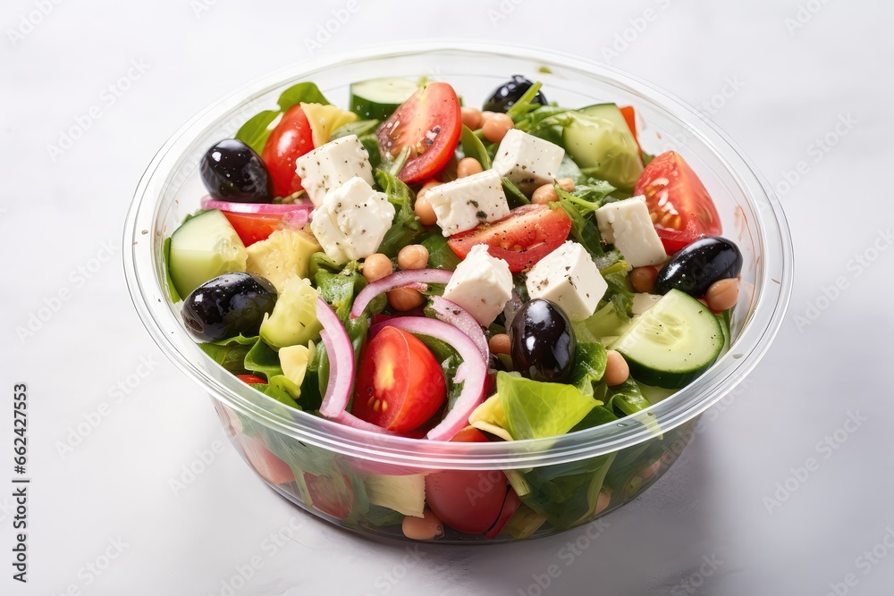 Healthy Greek Salad Packed In Plastic Container For Takeaway Or Food Delivery, Presented On White Marble Background