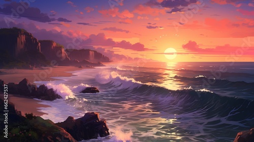 A coastal cliffside with crashing waves below, as the sun sets in the horizon, painting the sky and sea in shades of pink, orange, and gold.