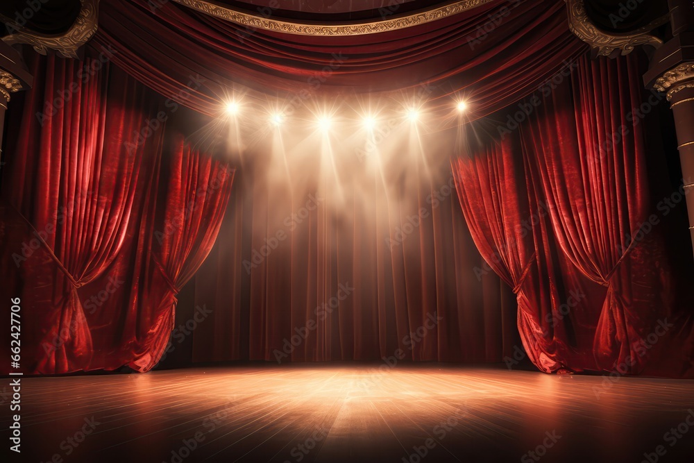 An Empty Stage With Red Curtains - obrazy, fototapety, plakaty 
