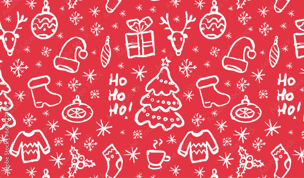 Christmas elements seamless pattern on red background. Hand drawing brush style. Winter holidays wallpaper. Beige paper backdrop. Christmas elements seamless pattern on red background. Hand drawing brush style. Winter holidays wallpaper. Beige paper backdrop.