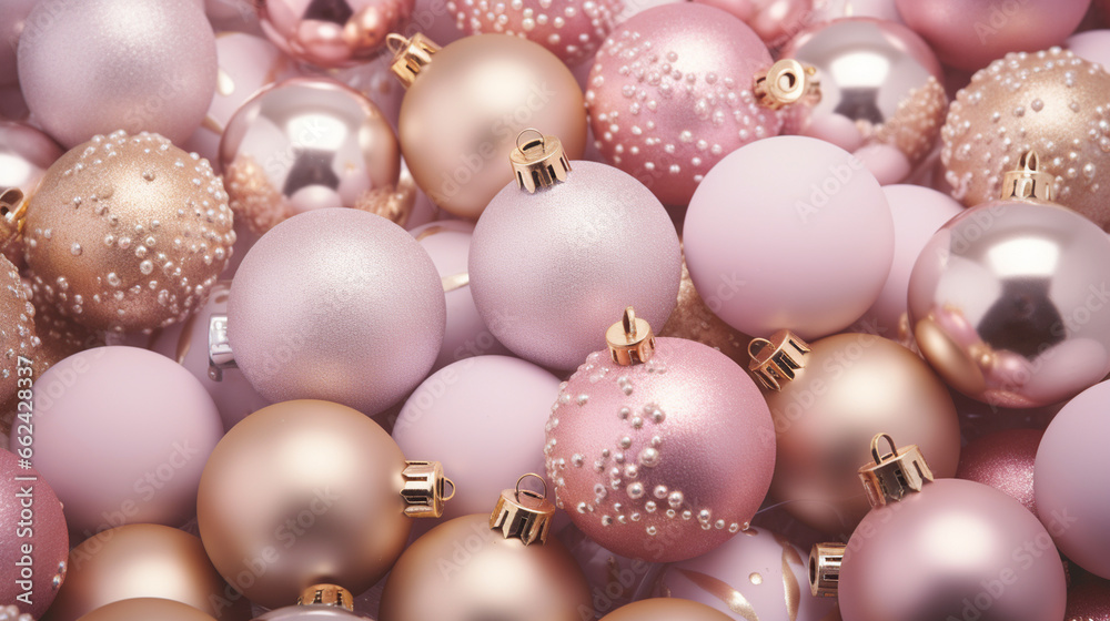 pink Christmas toys, Christmas background. Generative AI pink Christmas toys, Christmas background. Generative AI
