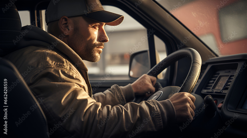 Experienced male truck driver with a hat sitting and driving his truck. Side view of professional driver behind the wheel in truck's cabin.. Experienced male truck driver with a hat sitting and driving his truck. Side view of professional driver behind the wheel in truck's cabin..