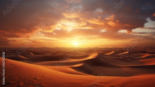 A desert landscape at sunset  with rolling sand dunes and an intense  fiery sky as the sun dips below the horizon.