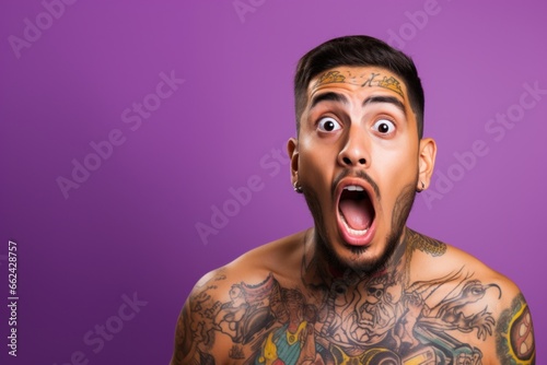 Young man with neck and face tattoos shocked reaction face © blvdone