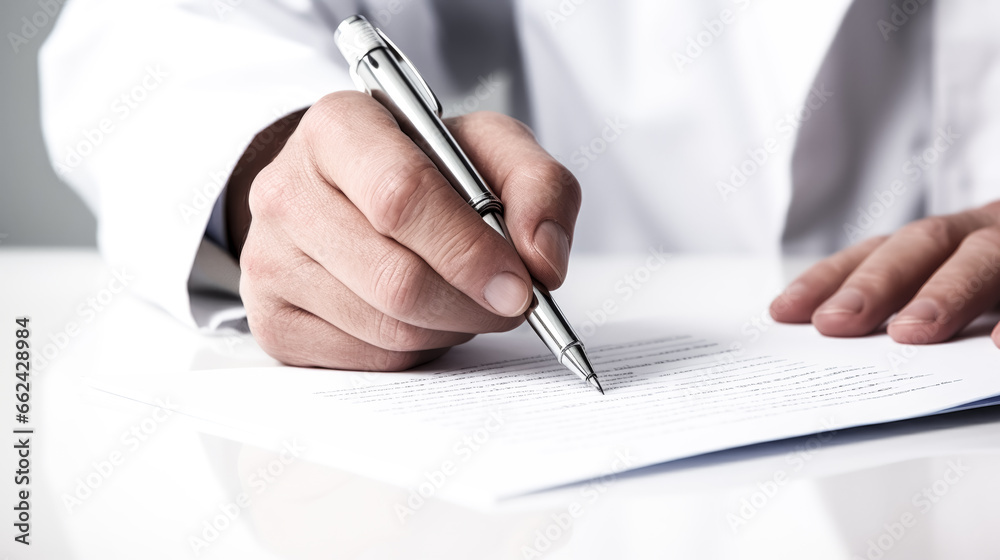 A doctor's hand gracefully holds a sleek pen, ready to write. A doctor's hand gracefully holds a sleek pen, ready to write.