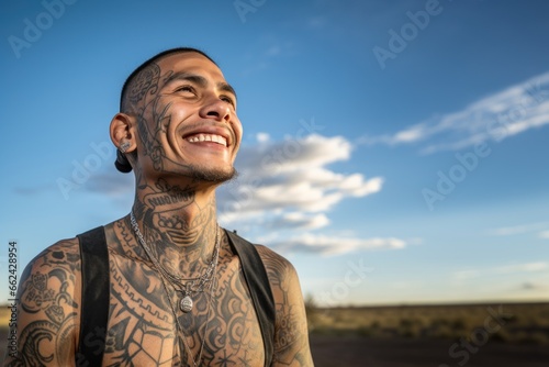 Young Latino man with neck and face tattoos smiling having hope