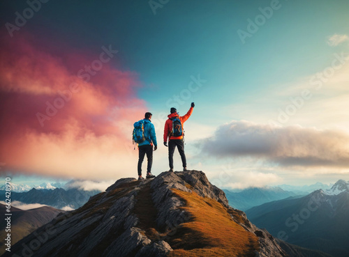 Teamwork concept with two man friend reach the mountain top