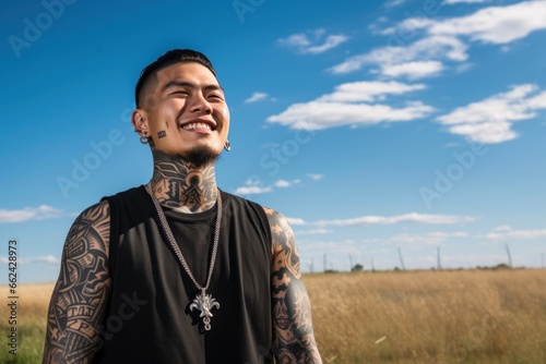 Young man with neck and face tattoos smiling having hope