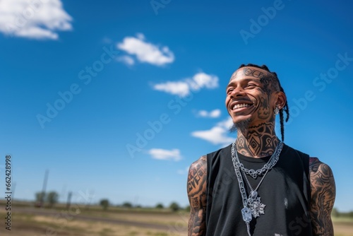 Young black man with neck and face tattoos smiling having hope