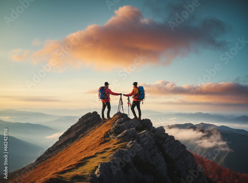 Teamwork concept with two man friend reach the mountain top