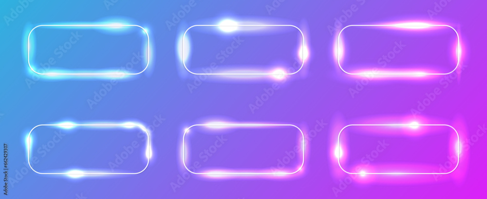 Set of six neon frames with shining effects Set of six neon frames with shining effects