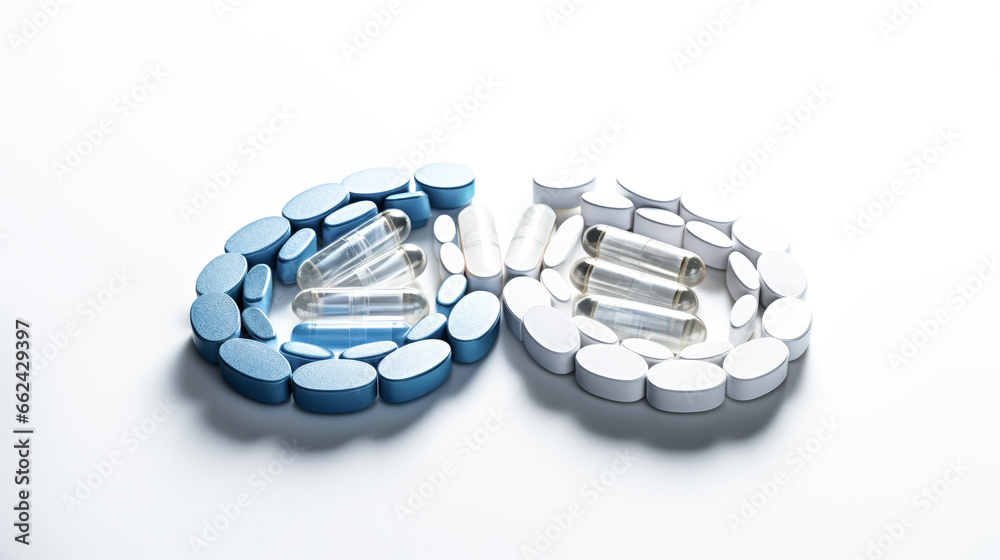 A white pill cutter splits blue oval pills in half, creating two equal pieces with precision and ease. A white pill cutter splits blue oval pills in half, creating two equal pieces with precision and ease.