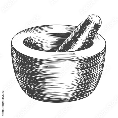 Engraving style mortar and pestle for grinding spices on white background. Sketch style cookware. Hand drawn black and white illustration of kitchenware