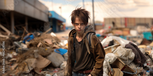 Boy with messy hair stands in front of panorama of trash piles in dystopian urban slum with determined and rebellious gaze