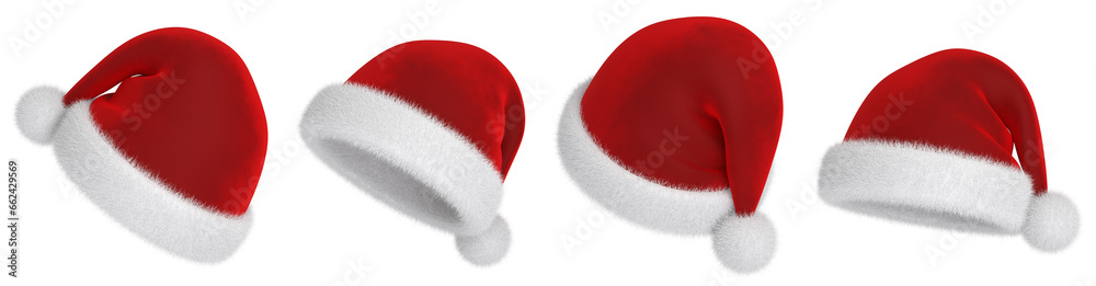 Velvet red Santa hat with white fur and tassel. Isolated elements for Christmas design. 3D rendered image set. - obrazy, fototapety, plakaty 