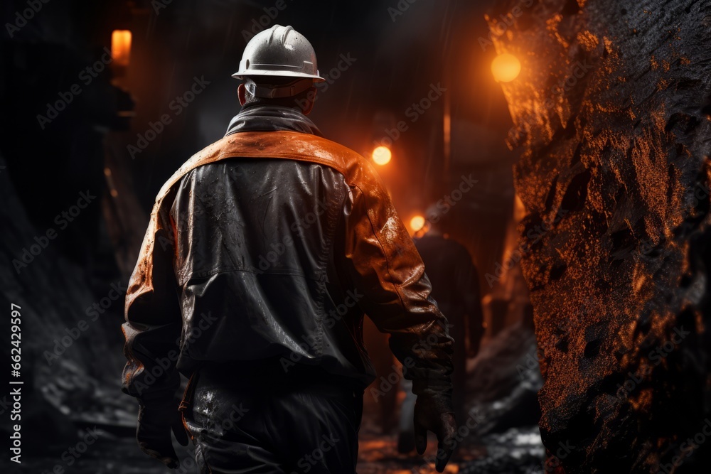 Back view of mining worker in underground.