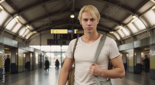 Young blond guy with travel bags at the station, platform with people, information board, sign