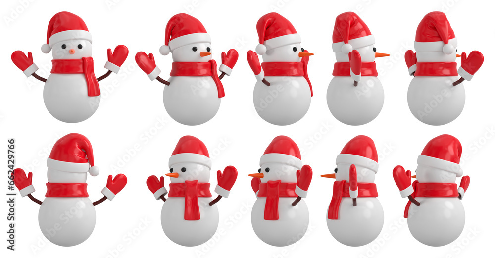 Cartoon snowman with branch hands wearing in a red scarf, mittens and Santa hat. 3D rendered character from different sides.