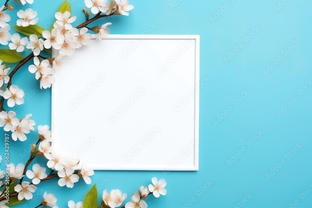 Spring Flower Frame With Copy Space On Blue Background In Flat Lay Mockup