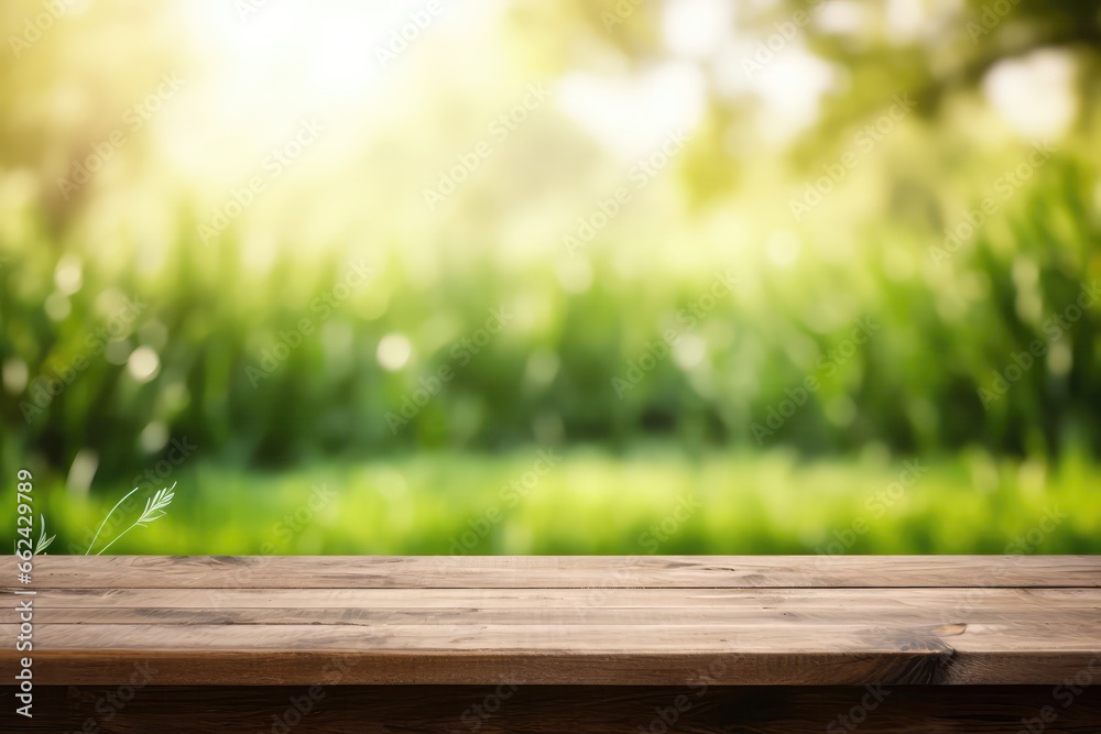 Spring Natural Background Featuring Green, Fresh, And Juicy Young Grass And Empty Wooden Table In Outdoor Morning Setting, Enhanced By Bokeh And Sunlight Spring Natural Background Featuring Green, Fresh, And Juicy Young Grass And Empty Wooden Table In Outdoor Morning Setting, Enhanced By Bokeh And Sunlight