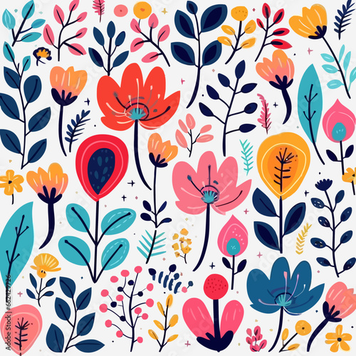 Florals quirky doodle pattern, background, cartoon, vector, whimsical Illustration © Rachel